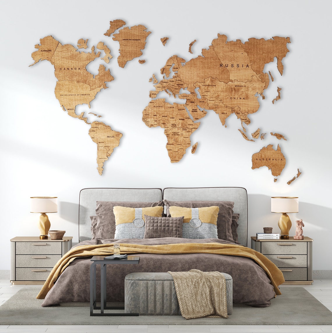 Wooden World Map Wall Art Home Décor (Natural)