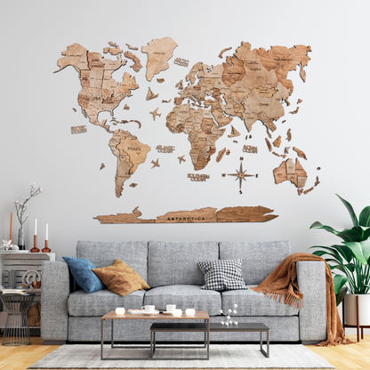 3D Wooden World Map Wall Art Home Décor (Terra)