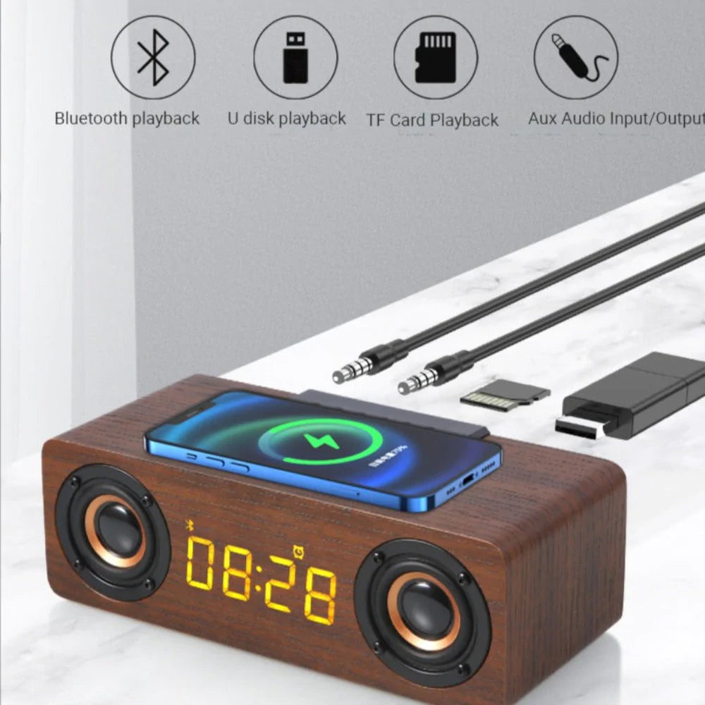 Wooden Retro Bluetooth Speaker + Wireless Charger + Alarm Clock + Radio