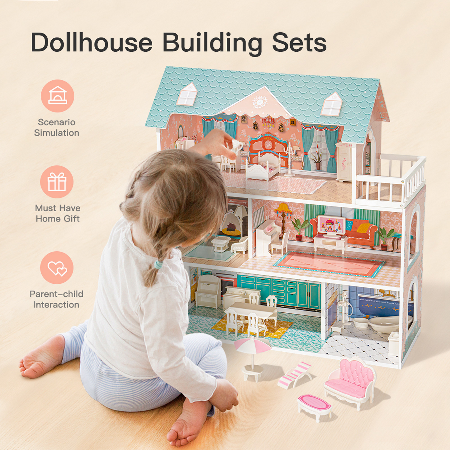 Big Wooden Dollhouse with Furniture Set