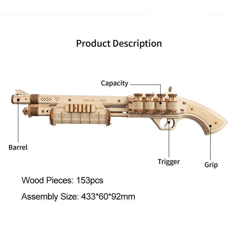 3D Wooden Puzzle - Rubber Band Shotgun Model Building Kit