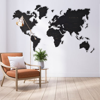 Wooden World Map Rustic Wall Art Home Décor (Black)