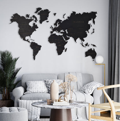 Wooden World Map Rustic Wall Art Home Décor (Black)