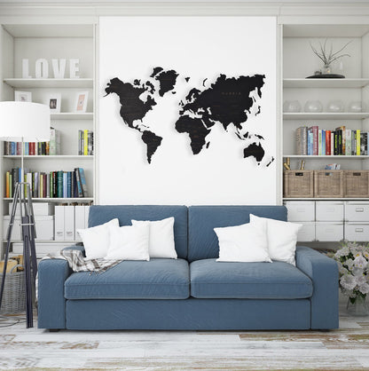 Wooden World Map Rustic Wall Art Home Décor (Black)