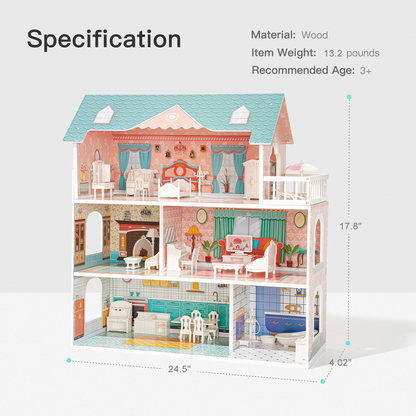 Big Wooden Dollhouse with Furniture Set